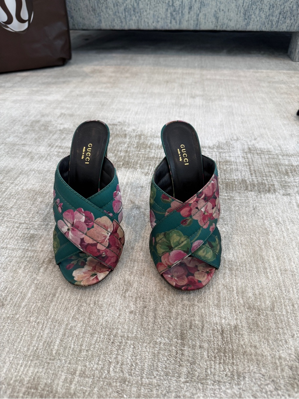 Gucci green floral satin crossover mules